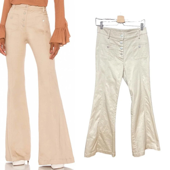 Alexis Helene‎ Flared Stretch-Cotton Pants Button Denim Oyster Tan Size Medium